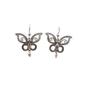 BJ 925 Sterling Silver Filigree Butterfly Moth Insect Dangle Drop Earring VTG